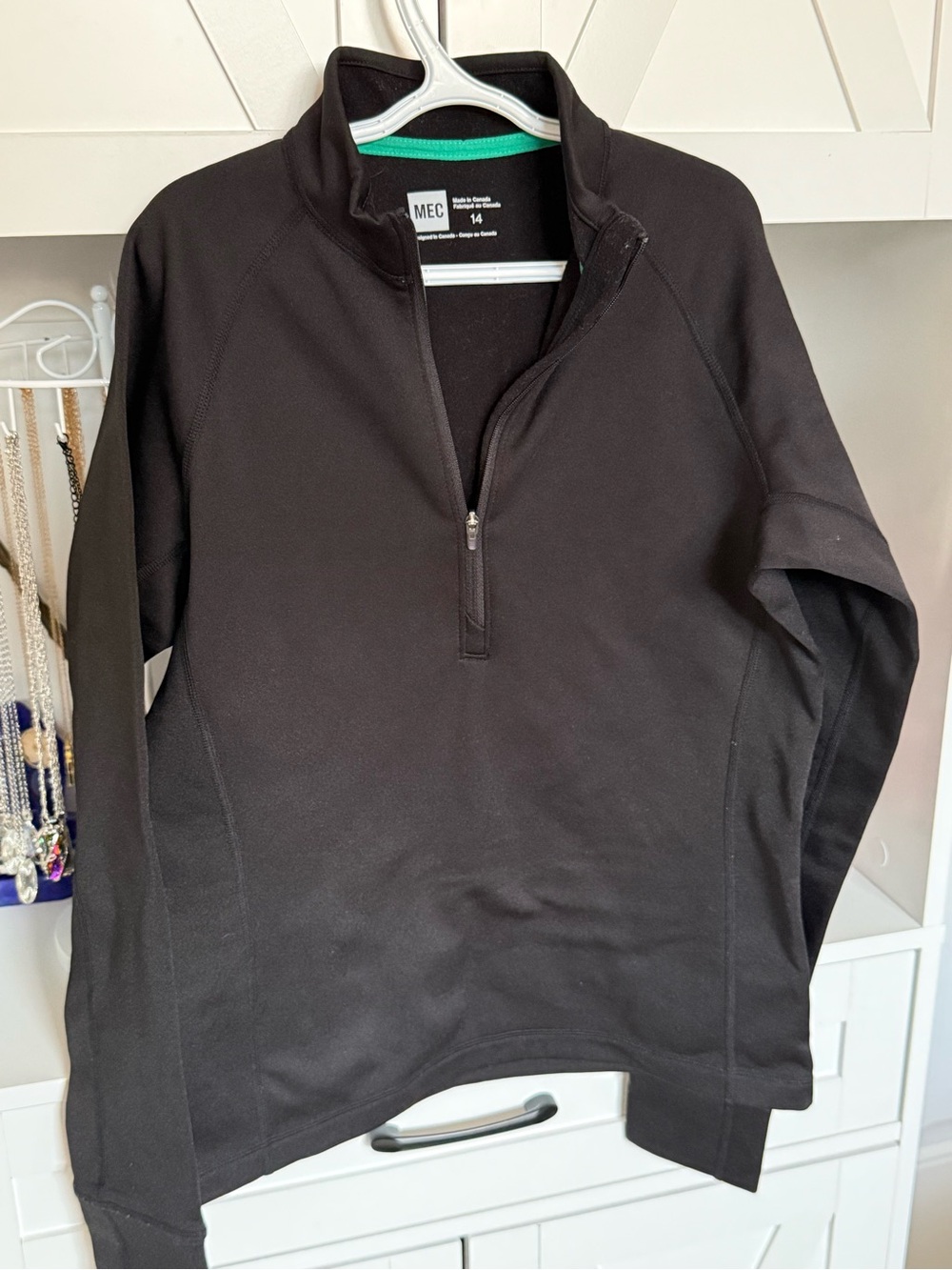 MEC Black Long Sleeve Half-Zip Pullover with Green Trim